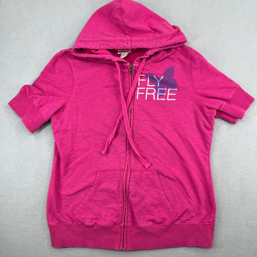 Mossimo Girls XL Pink Short Sleeve Full Zip Fly Free Butterfly Hoodie Vtg Y2K